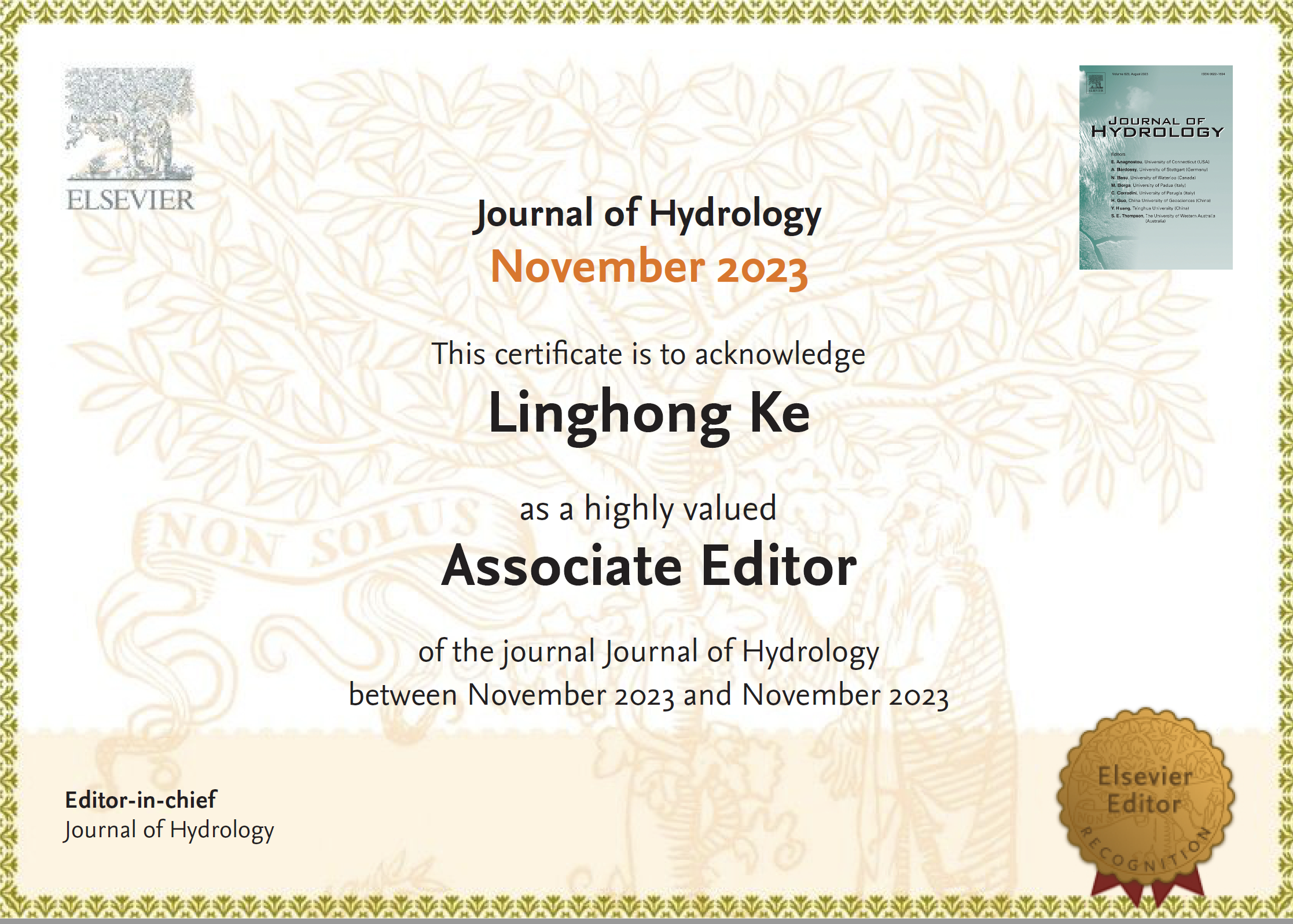 公司教师担任《Journal of Hydrology》副主编